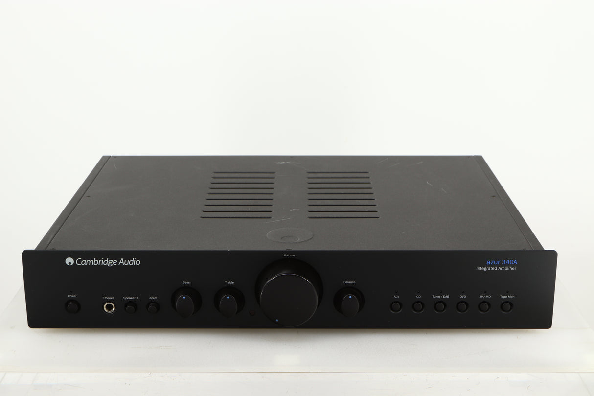 Front view of a used Cambridge Audio 340A Integrated Amplifier in a black finish