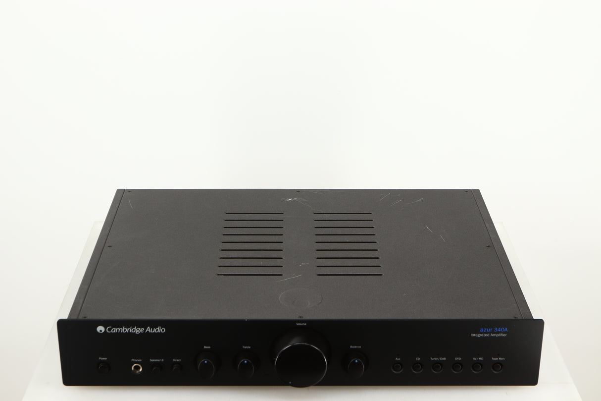 Top of a used Cambridge Audio 340A Integrated Amplifier in a black finish