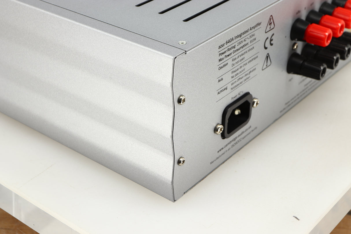Rear right corner of a used Cambridge Audio Azur 640A Integrated Amplifier in a silver finish
