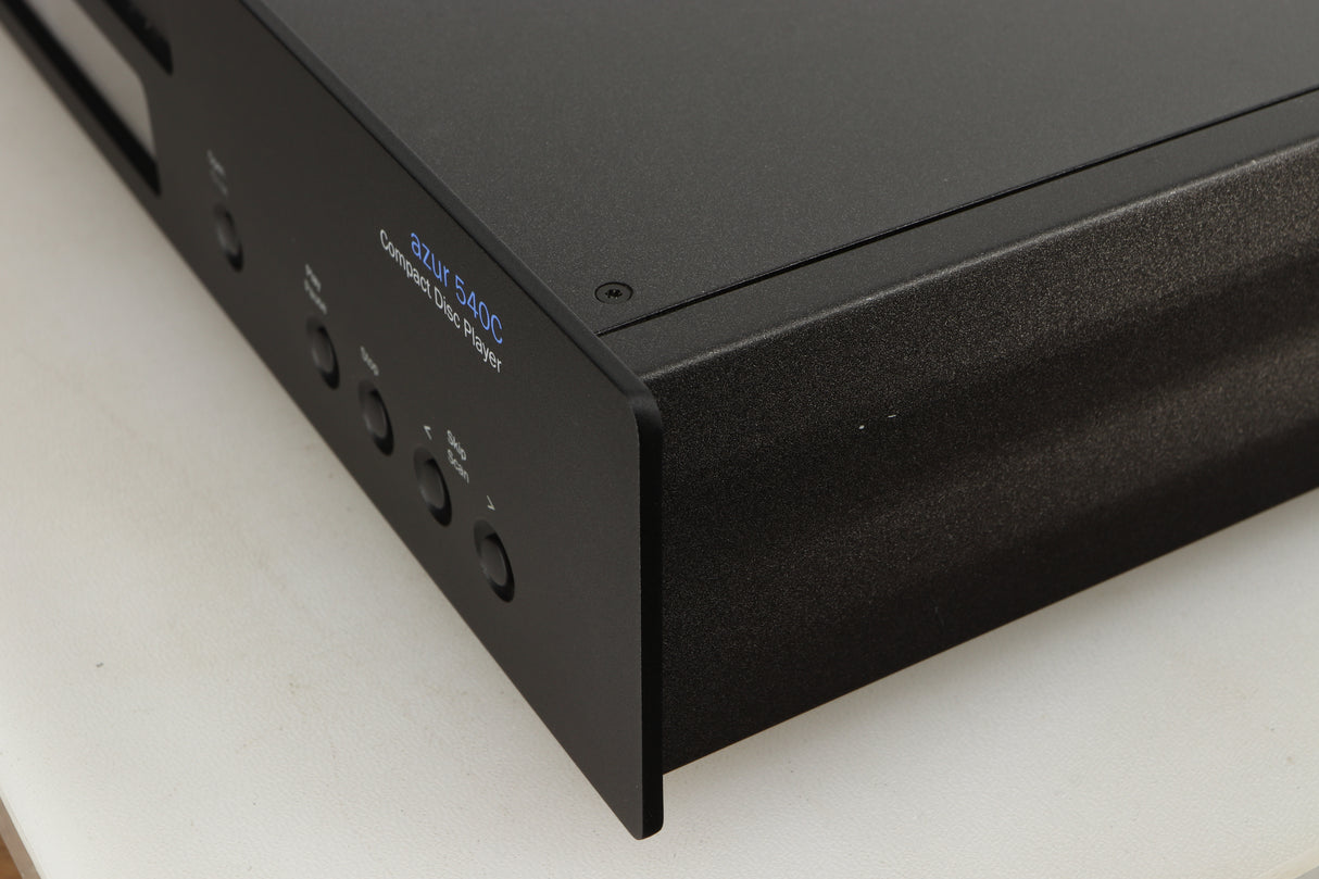 Close up of a used Cambridge Audio Azure 540C CD Player in a black finish showing very small scratches on right side