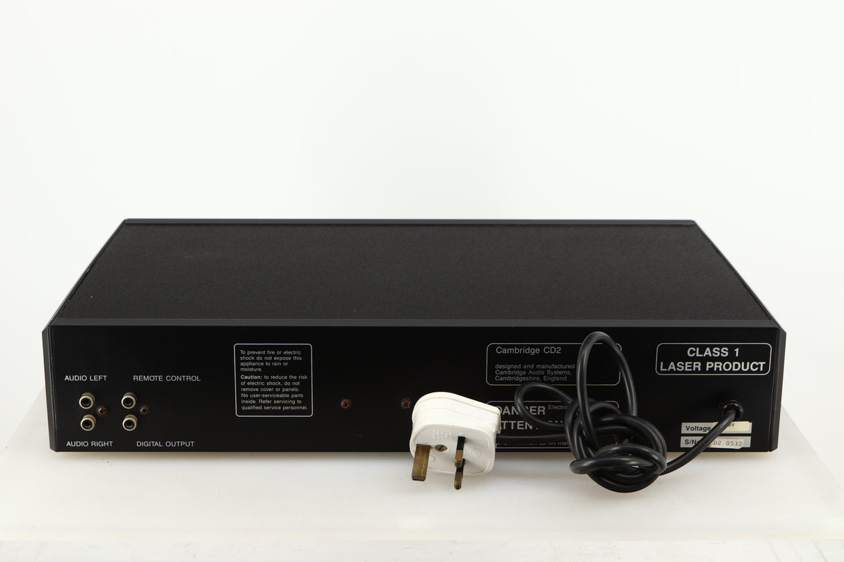 Rear view of a used Cambridge Audio CD2 CD Player in a black finish showing Phono Outputs