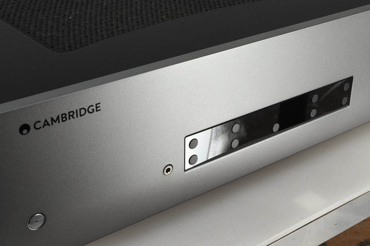 Close up of a used Cambridge Audio CXA81 GEN2 Integrated Amplifier in a lunar grey finish showing the fascia