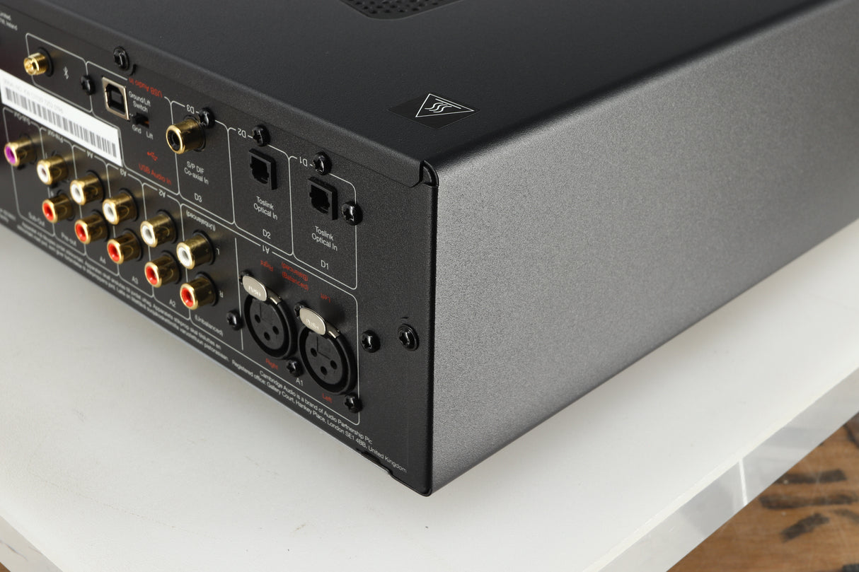 Rear left corner of a used Cambridge Audio CXA81 GEN2 Integrated Amplifier in a lunar grey finish