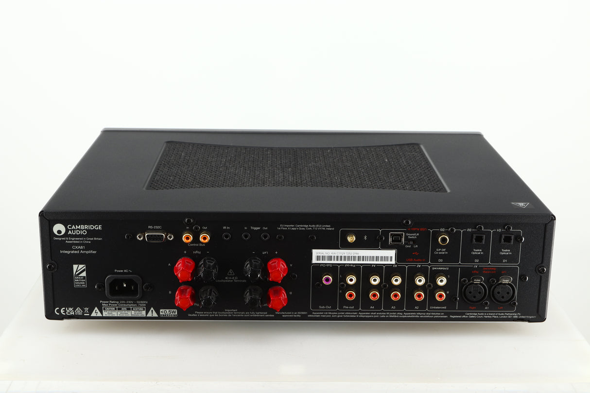 Rear view of a used Cambridge Audio CXA81 GEN2 Integrated Amplifier in a lunar grey finish showing Mains Input, Phono Outputs, Optical Inputs, Speaker Inputs and Bluetooth Connector