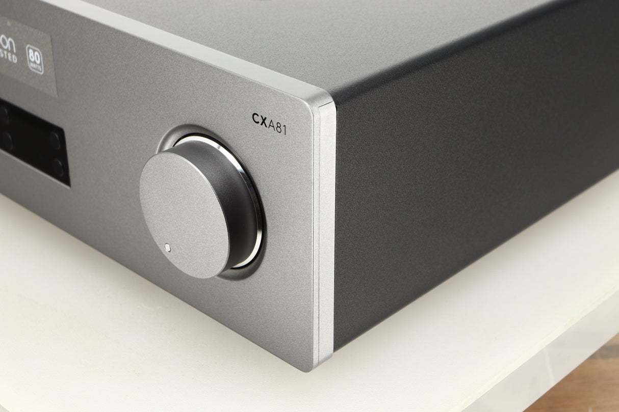 Front right corner view of a used Cambridge Audio CXA81 Integrated Amplifier in Lunar Grey finish