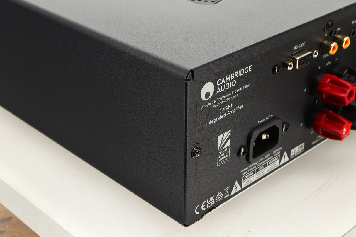 Rear left corner view of a used Cambridge Audio CXA81 Integrated Amplifier in Lunar Grey finish