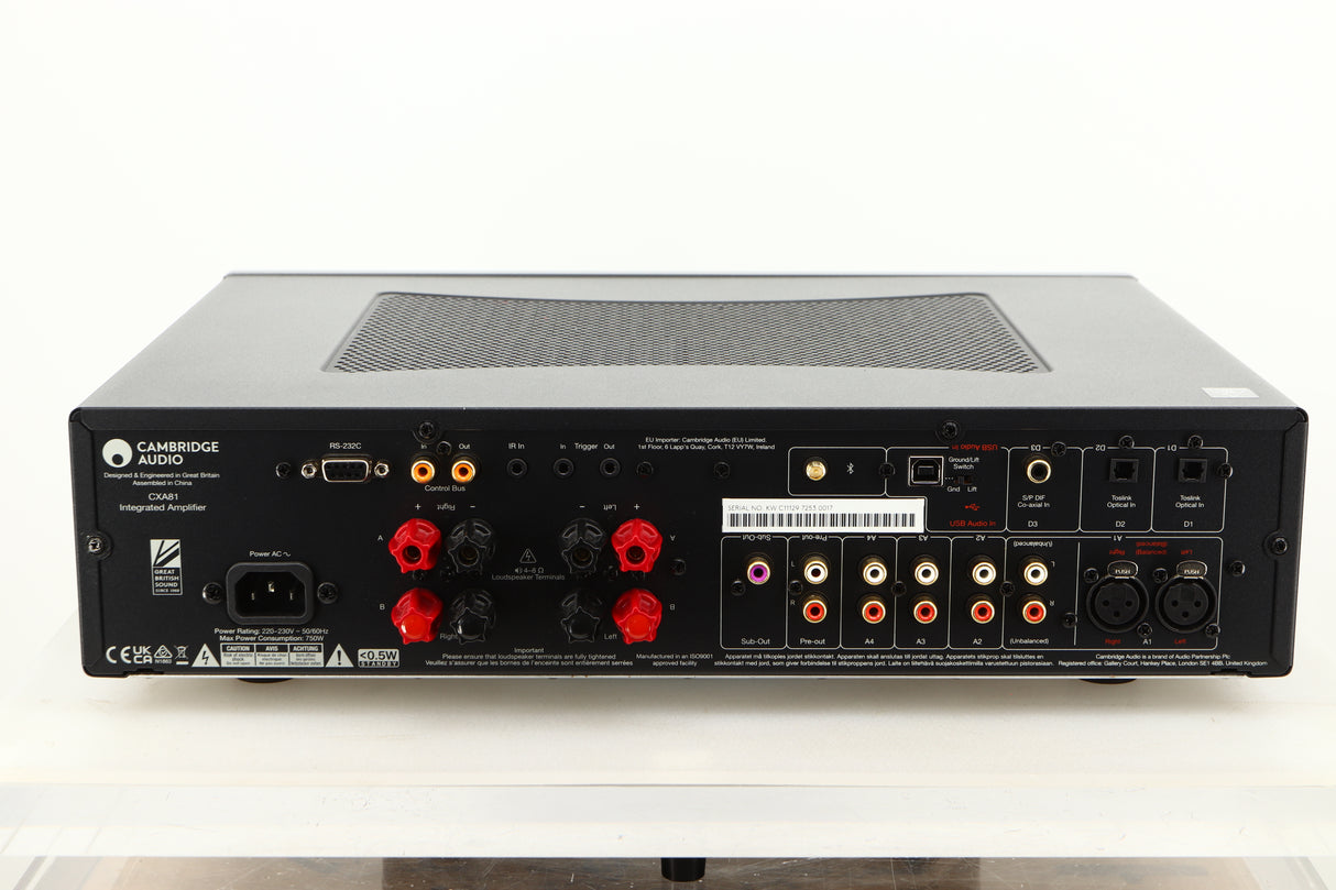 Rear view of a used Cambridge Audio CXA81 Integrated Amplifier in Lunar Grey finish