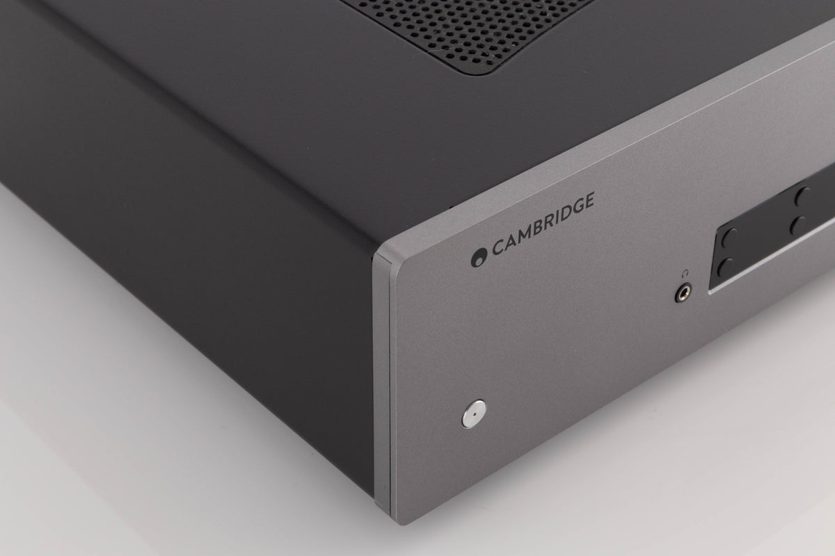 Front left corner of a used Cambridge Audio CXA81 Integrated Amplifier in a Lunar Grey finish