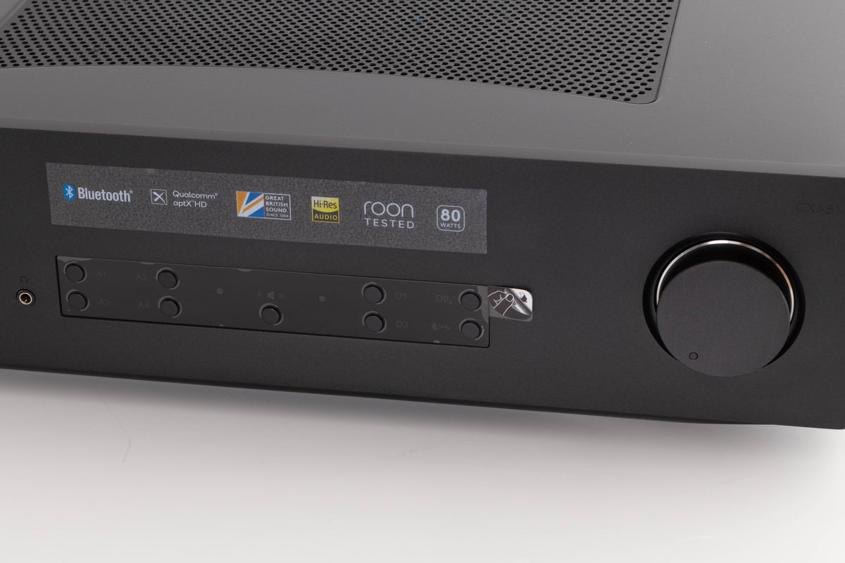 Close up of a used Cambridge Audio CXA81 Series 2 Integrated Amplifier in a Black finish showing screen