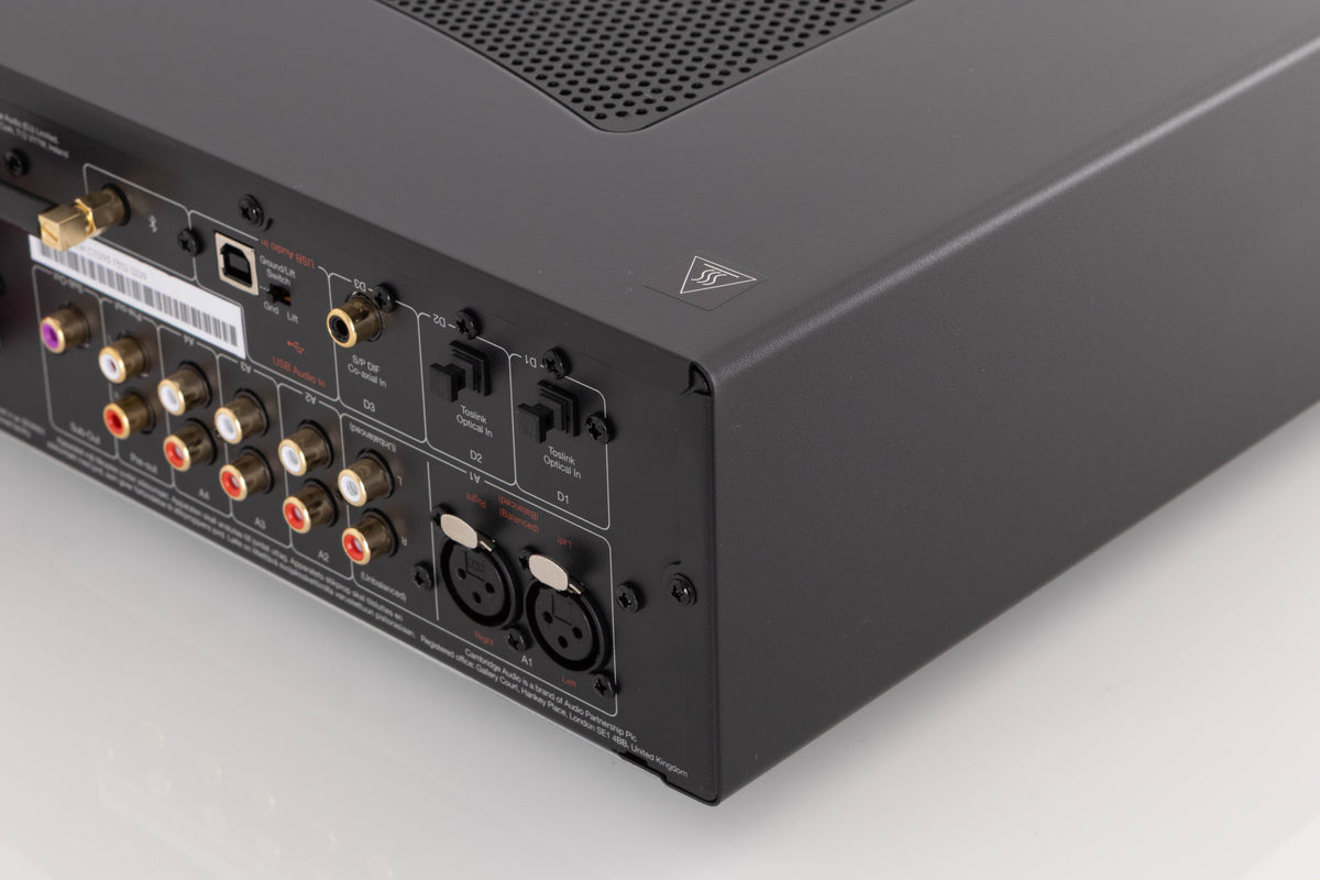 Rear left corner of a used Cambridge Audio CXA81 Series 2 Integrated Amplifier in a Black finish