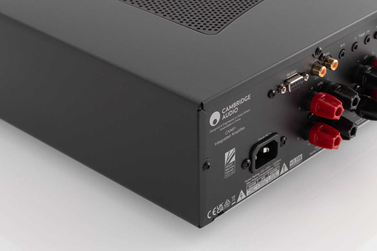 Rear right corner of a used Cambridge Audio CXA81 Series 2 Integrated Amplifier in a Black finish