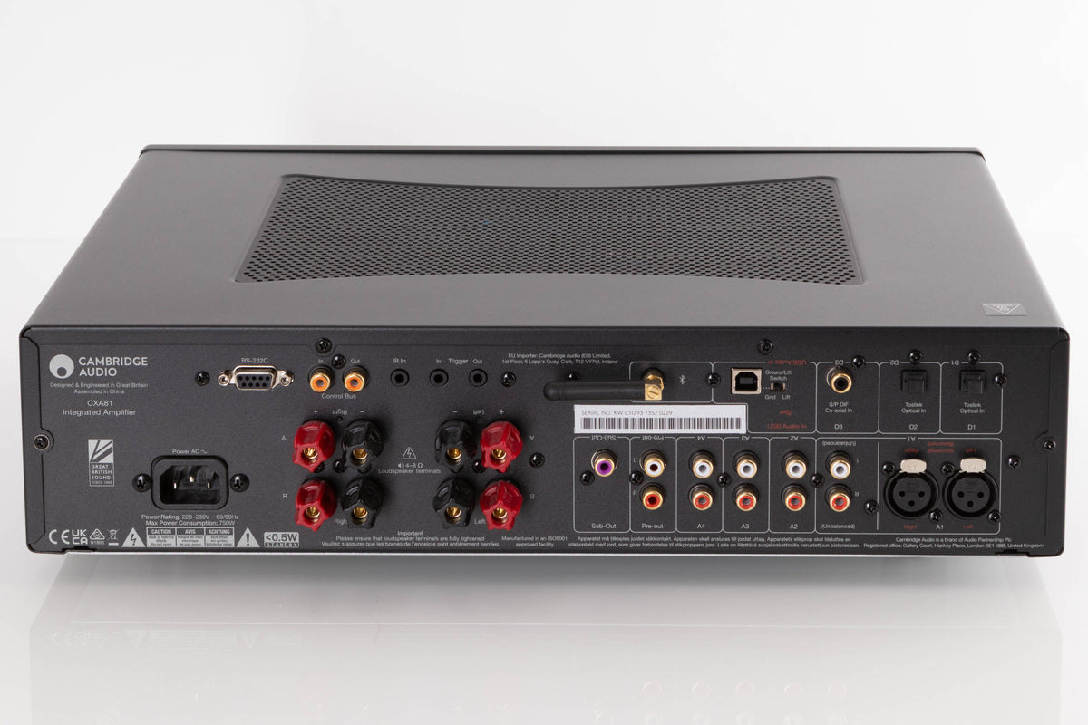 Rear view of a used Cambridge Audio CXA81 Series 2 Integrated Amplifier in a Black finish showing Mains Input, Phono Inputs, Phono Outputs, USB Input, Optical Inputs and Coaxial Input