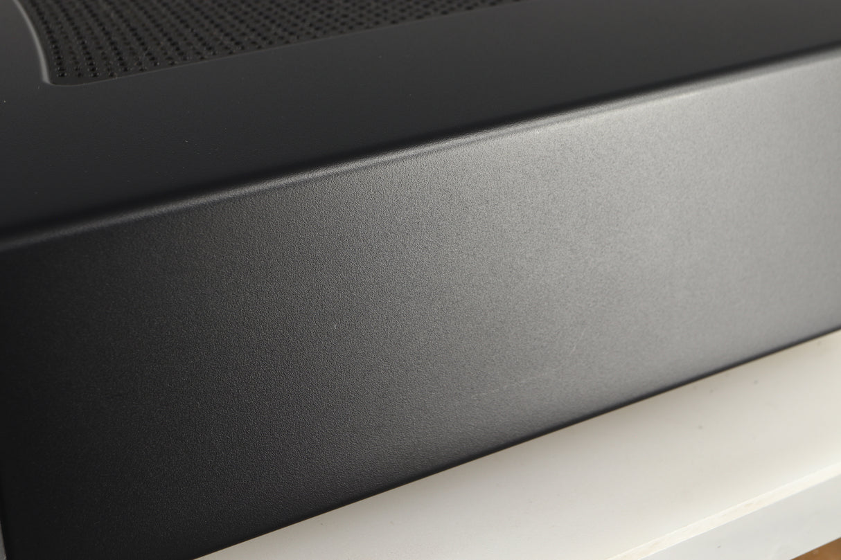 Close up of a used Cambridge Audio CXA81 Series 2 Integrated Amplifier in a lunar grey finish showing light scratching on right side