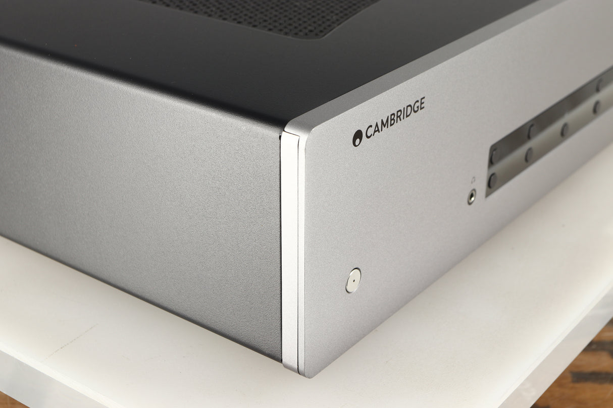 Front left corner of a used Cambridge Audio CXA81 Series 2 Integrated Amplifier in a lunar grey finish