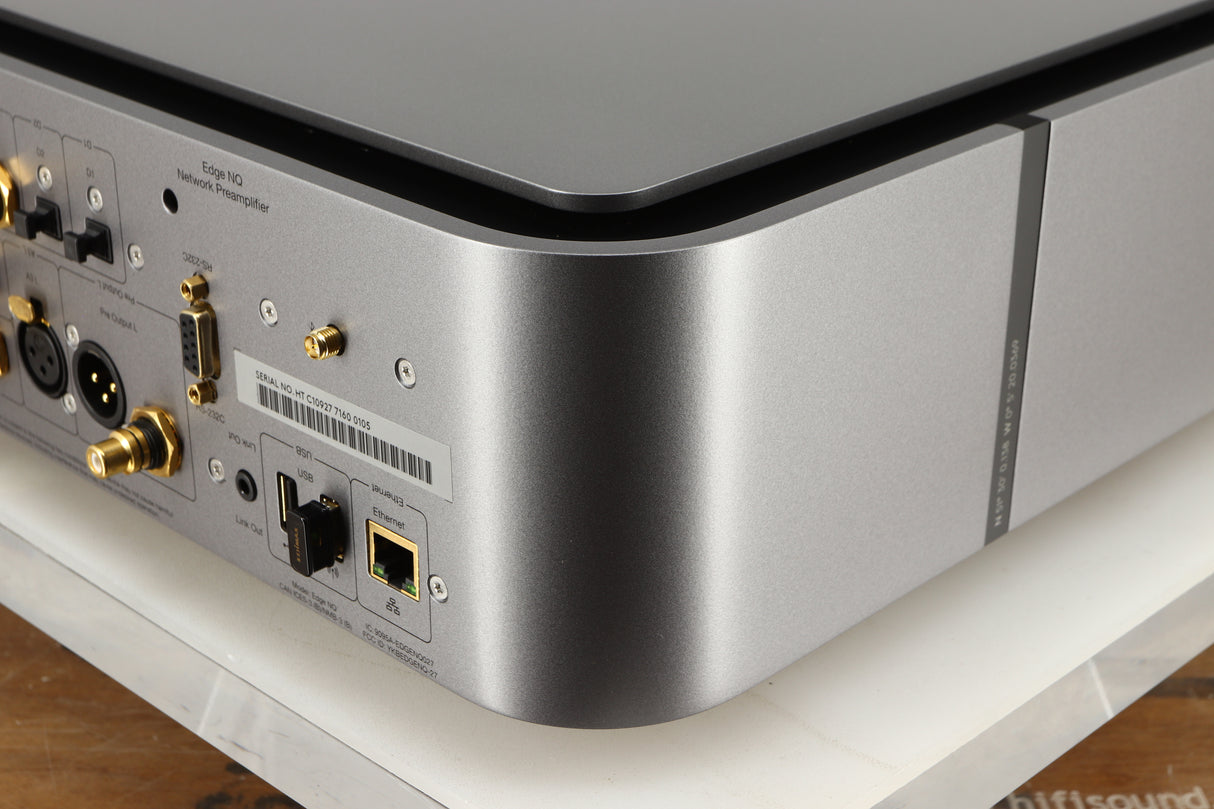 Rear left corner of a used Cambridge Audio Edge NQ Network Pre Amplifier in a grey finish