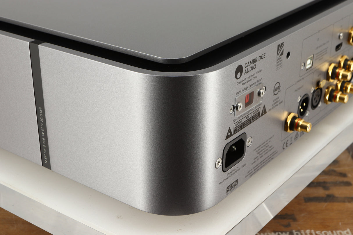 Rear right corner of a used Cambridge Audio Edge NQ Network Pre Amplifier in a grey finish