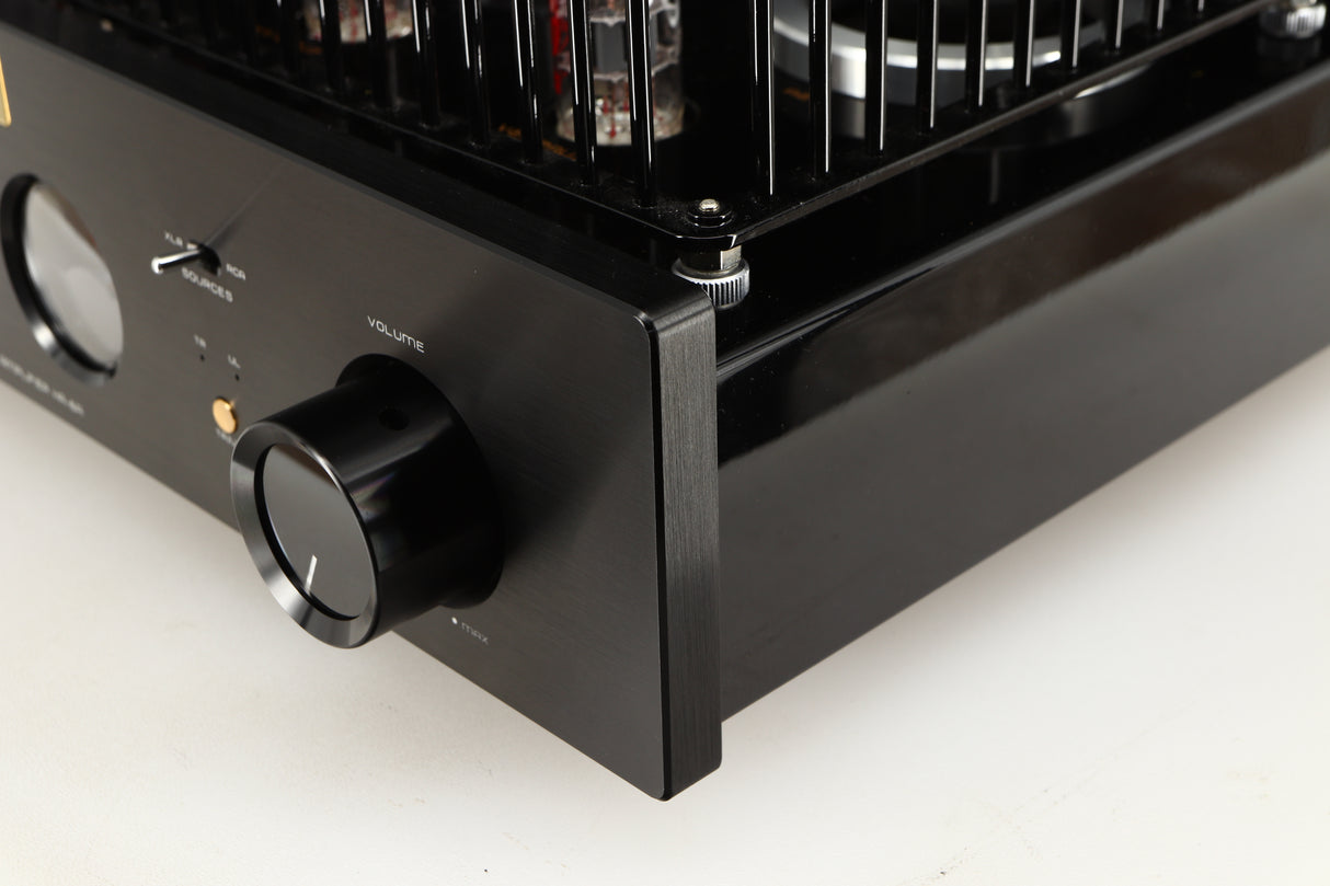 Front right corner of a used Cayin HA-6A Headphone Amplifier in a black finish