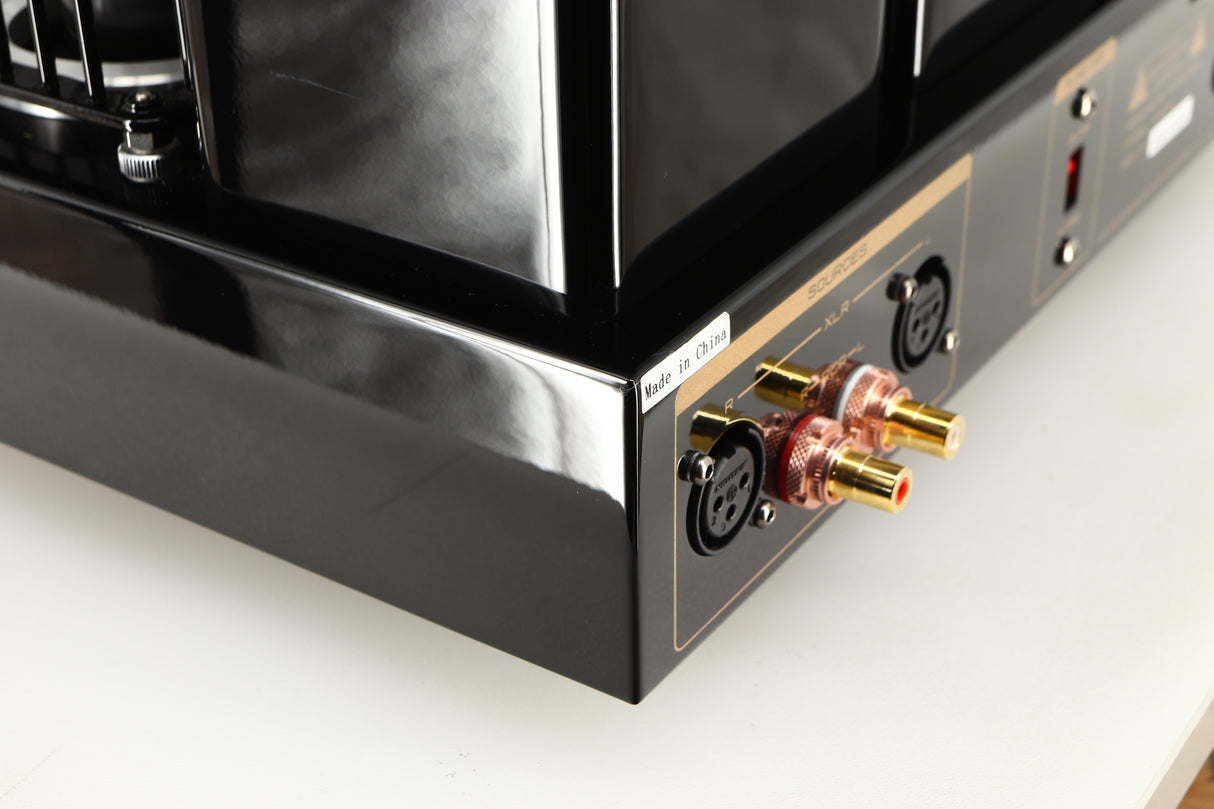 Rear right corner of a used Cayin HA-6A Headphone Amplifier in a black finish