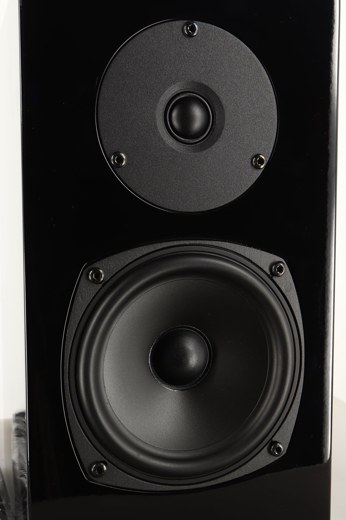 Close up view of a Chartwell LS3 Standmount Speaker in Black Gloss finish