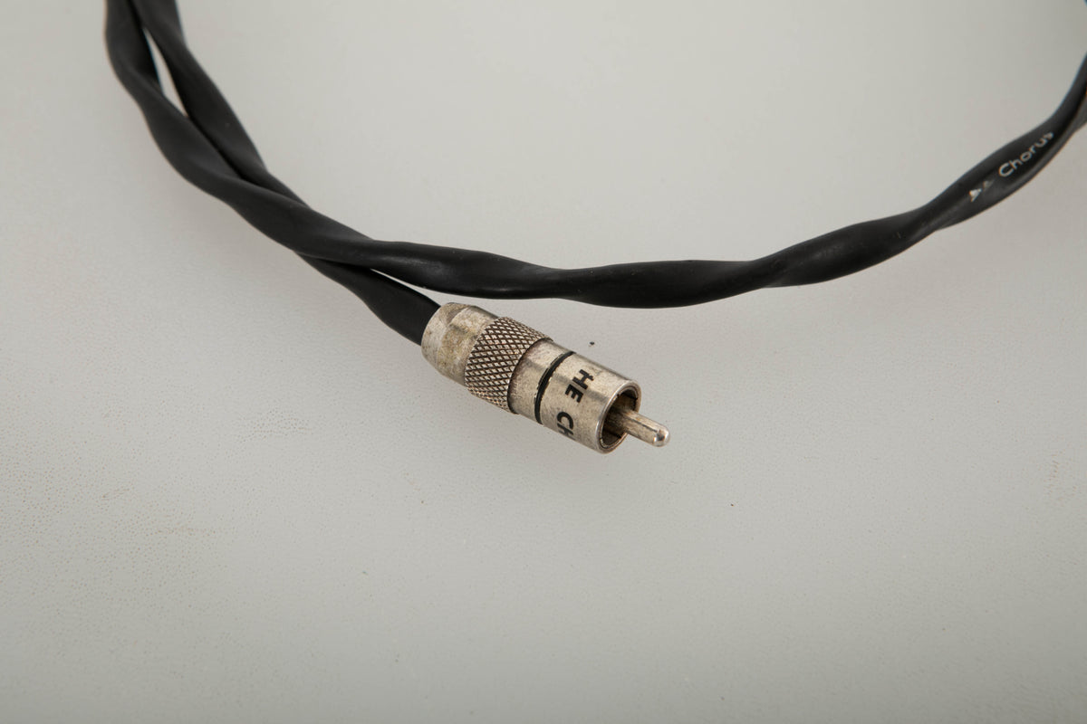 Close up view of a used Chord Company Chorus 1.0m RCA-RCA Interconnect