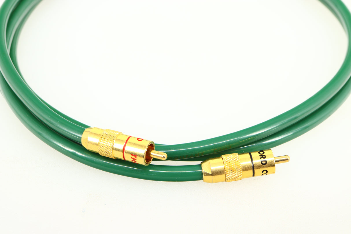Close up of a used Chord Company Cobra 3 RCA-RCA 1.0m Interconnect Cable showing connectors