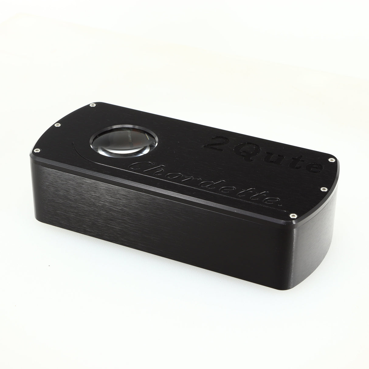 Close up of a used Chord electronics 2Qute Chordette Digital Analogue Converter in a black finish showing the front