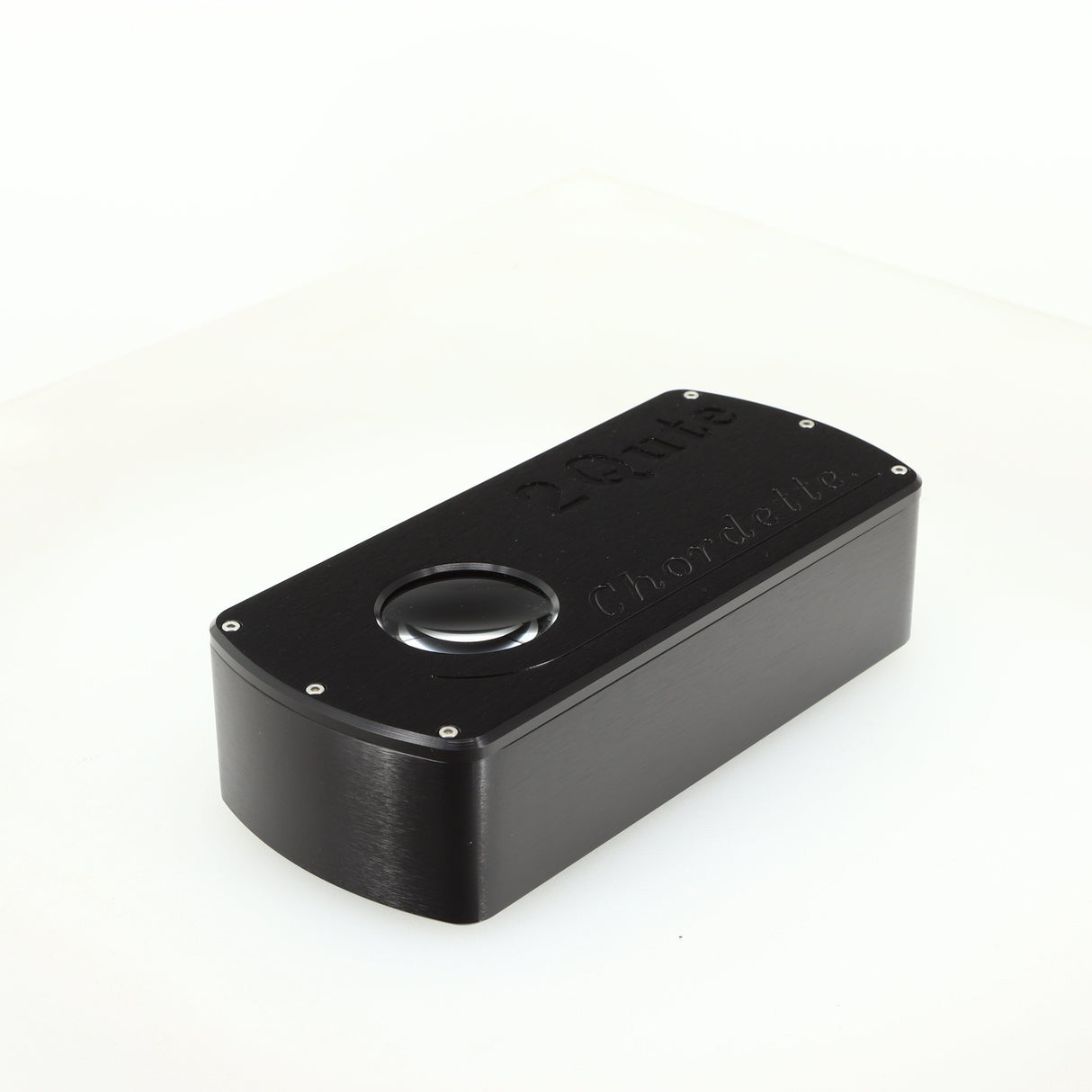 Front left corner of a used Chord electronics 2Qute Chordette Digital Analogue Converter in a black finish