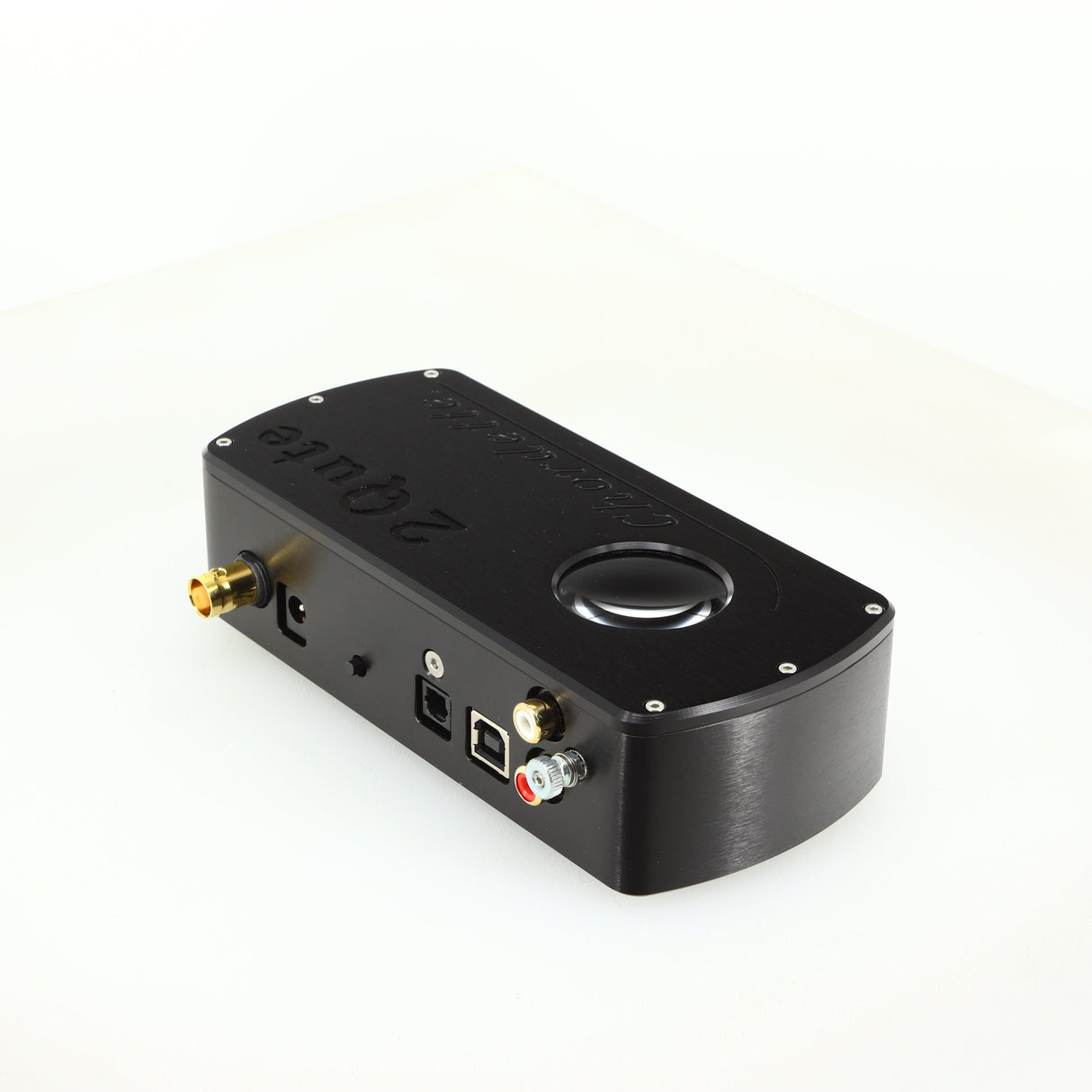 Rear left corner of a used Chord electronics 2Qute Chordette Digital Analogue Converter in a black finish