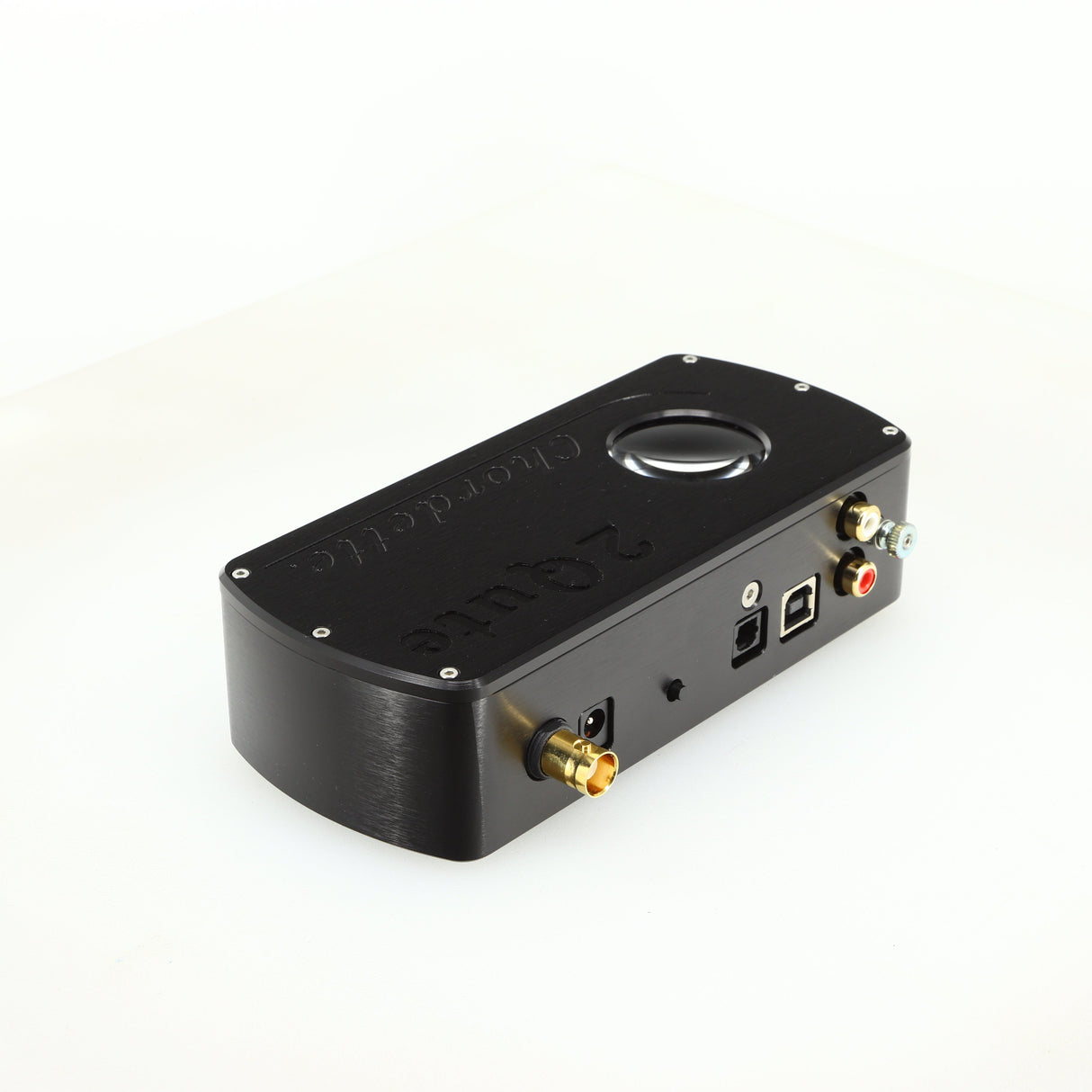 Rear right corner of a used Chord electronics 2Qute Chordette Digital Analogue Converter in a black finish
