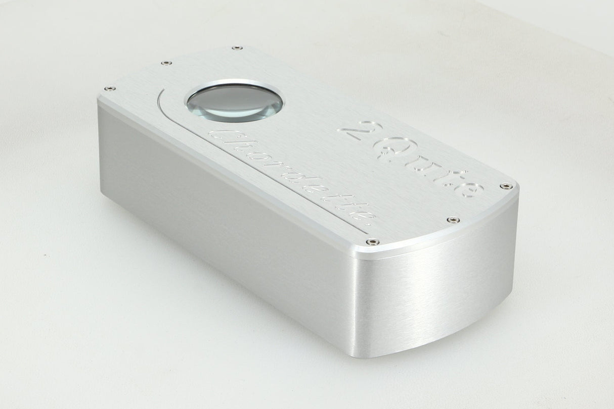 Front right angle of a used Chord Electronics 2Qute Digital Analogue Converter in a silver finish