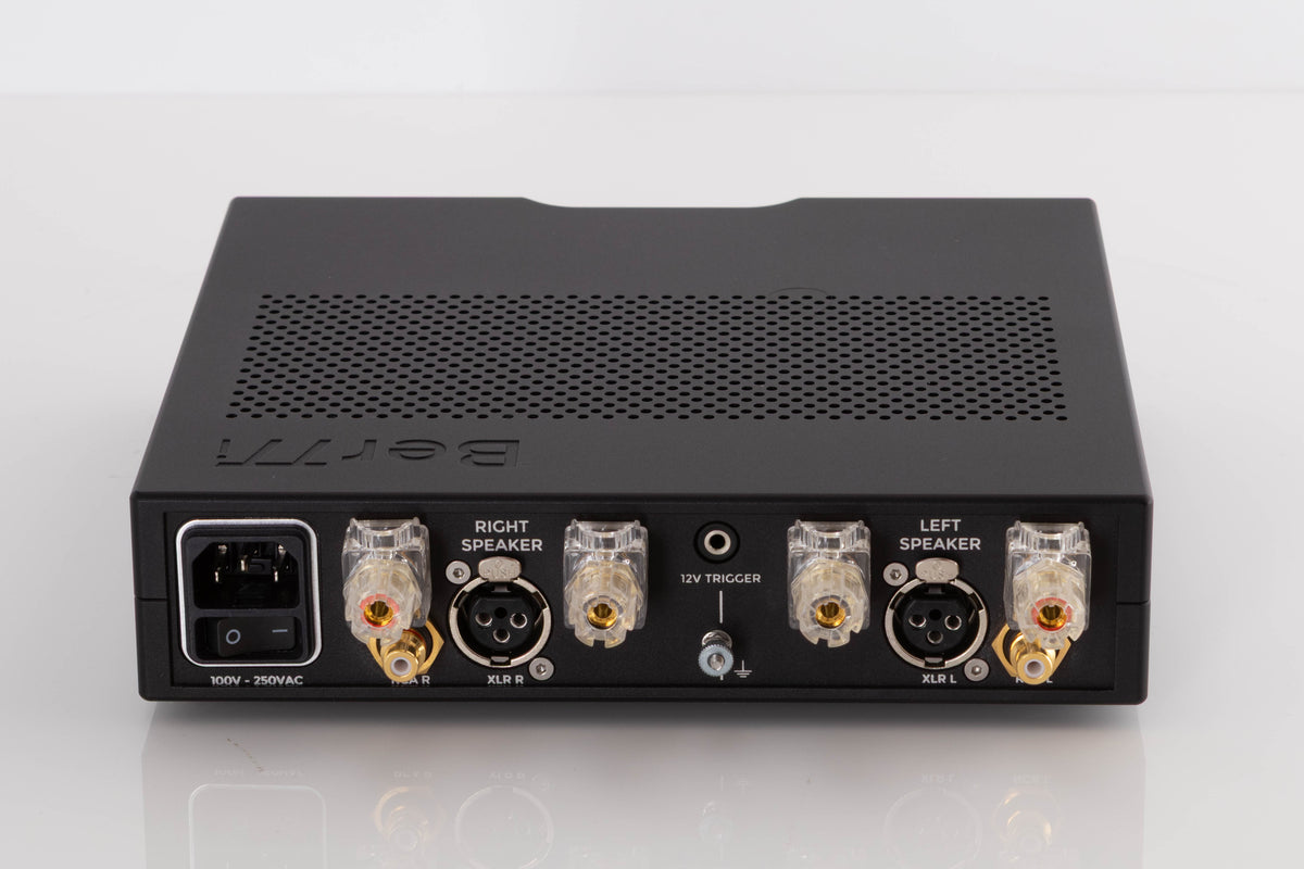 Rear view of a used Chord Electronics Bertti Power Amplifier in a Black finish showing Mains Input
