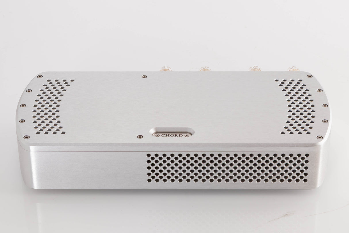 Top of a used Chord Electronics Etude Power Amplifier in a Silver finish