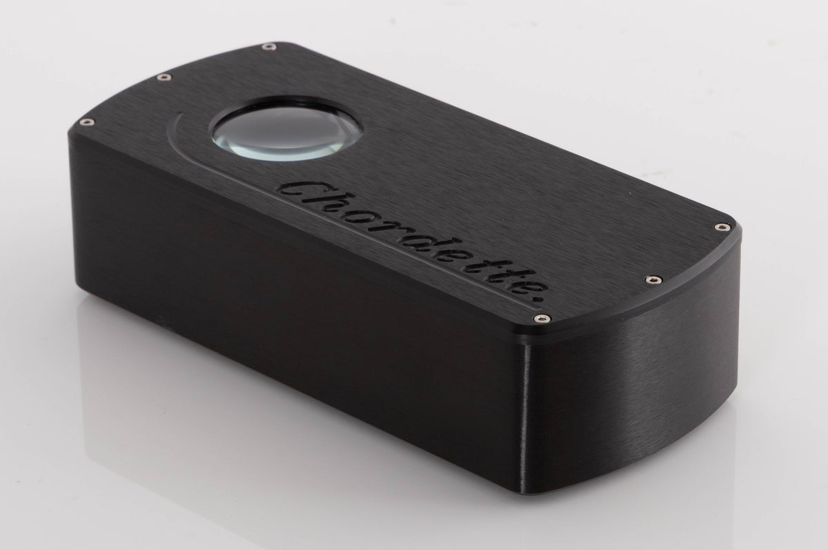 Front right corner of a used Chord Electronics Qute HD Digital Analogue Converter in a Black finish