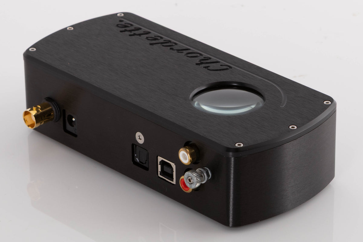 Rear left corner of a used Chord Electronics Qute HD Digital Analogue Converter in a Black finish