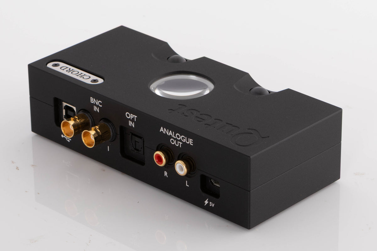 Rear left corner of a used Chord Electronics Qutest Digital Analogue Converter in a Black finish
