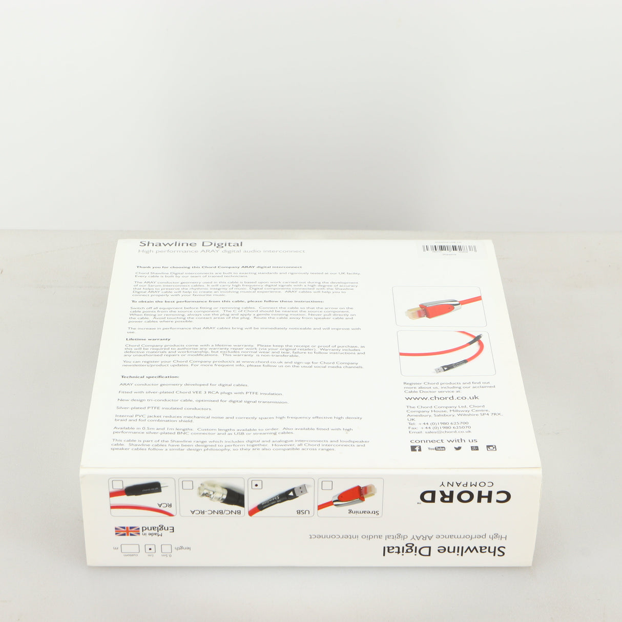 Box for a used Chord Shawline USB Cable 1.0m in red showing Warranty Card