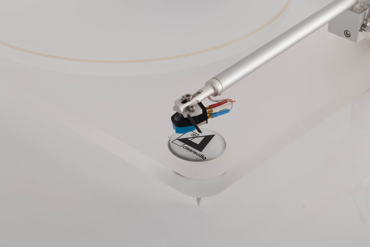 Front right corner view of a used ClearAudio Emotion Turntable with AT-VM95C Cartridge