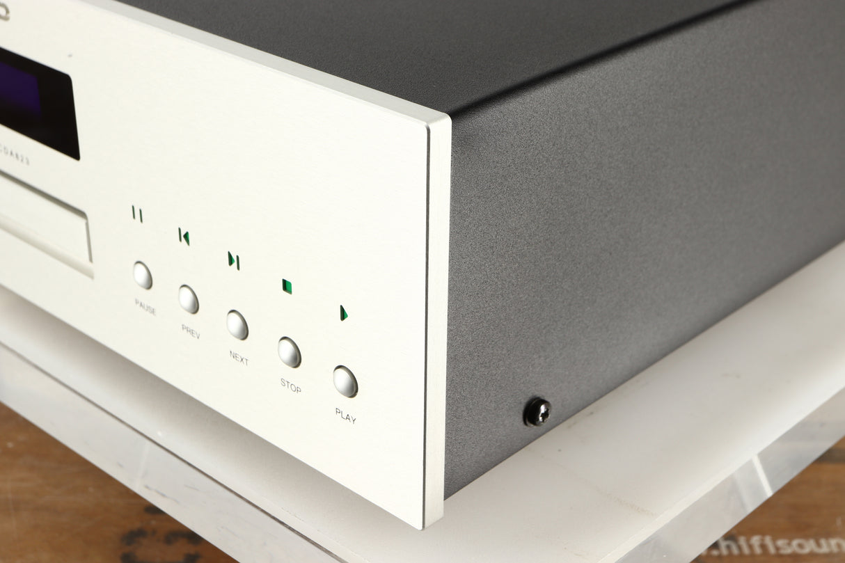 Front right corner of a used Copland CDA823 CD Player in a silver finish