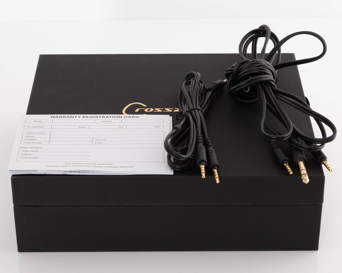 Box for used Crosszone CZ-8A Headphones showing Headphone Cable, AUX Cable and Manual