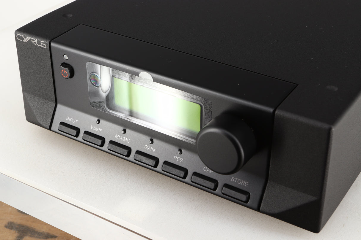 Close up of a used Cyrus Classic Phono Phonostage in a brushed black finish showing the fascia