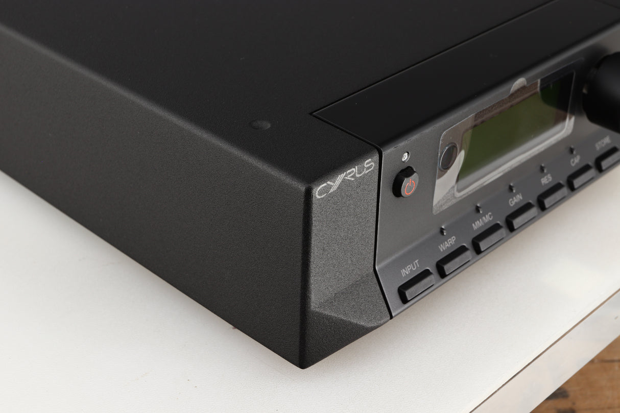 Front left corner of a used Cyrus Classic Phono Phonostage in a brushed black finish
