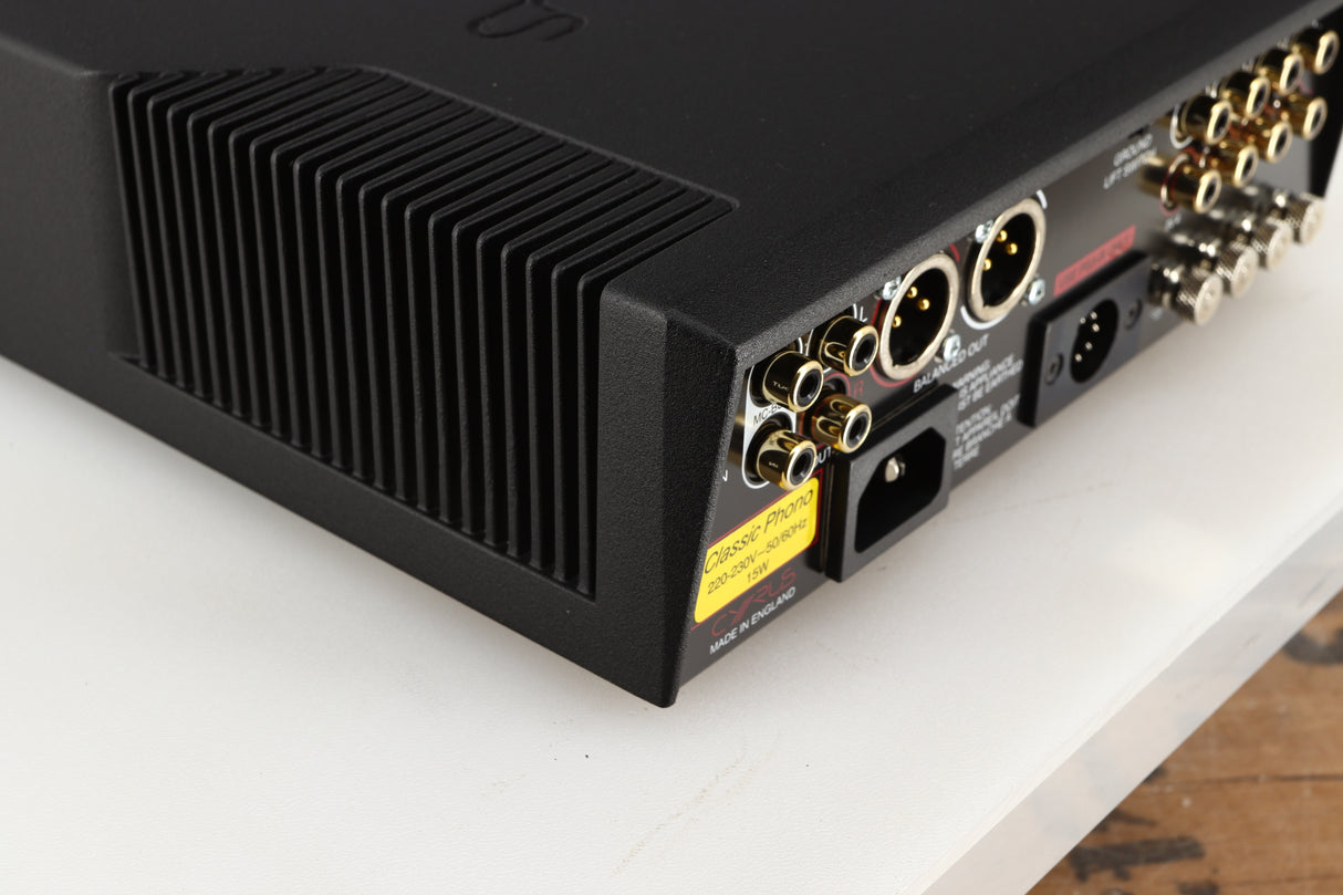 Rear right corner of a used Cyrus Classic Phono Phonostage in a brushed black finish