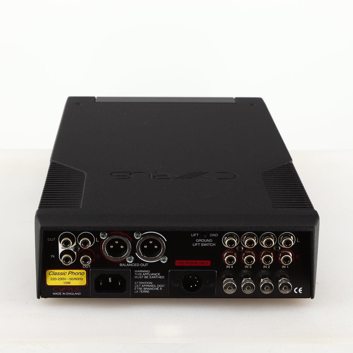 Rear view of a used Cyrus Classic Phono Phonostage in a brushed black finish showing Phono Inputs and Outputs and Mains Input