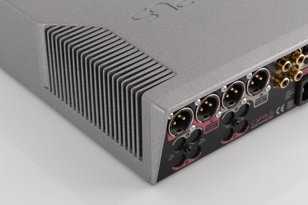 Rear right corner of a used Cyrus DAC X Digital Analogue Converter in a Quartz Silver finish
