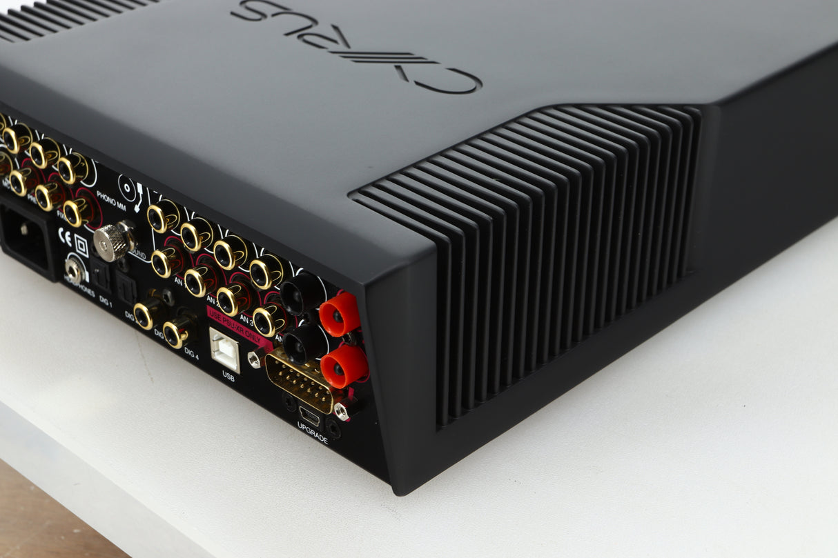 Rear right corner view of a used Cyrus i9-XR Integrated Amplifier in PhBlack finish
