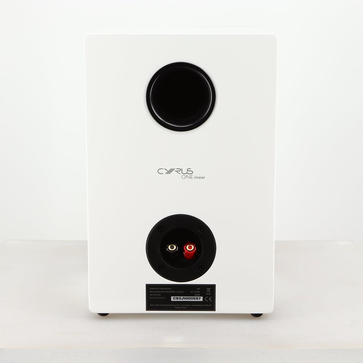 Rear view of a used Cyrus ONE Linear Standmount Speaker in a gloss white finish