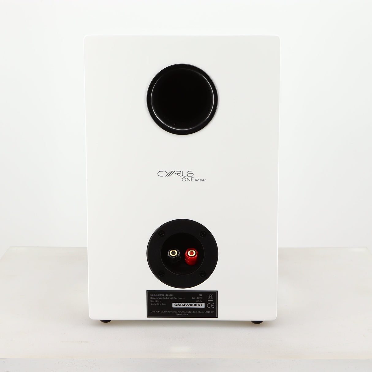 Rear view of a used Cyrus ONE Linear Standmount Speaker in a gloss white finish
