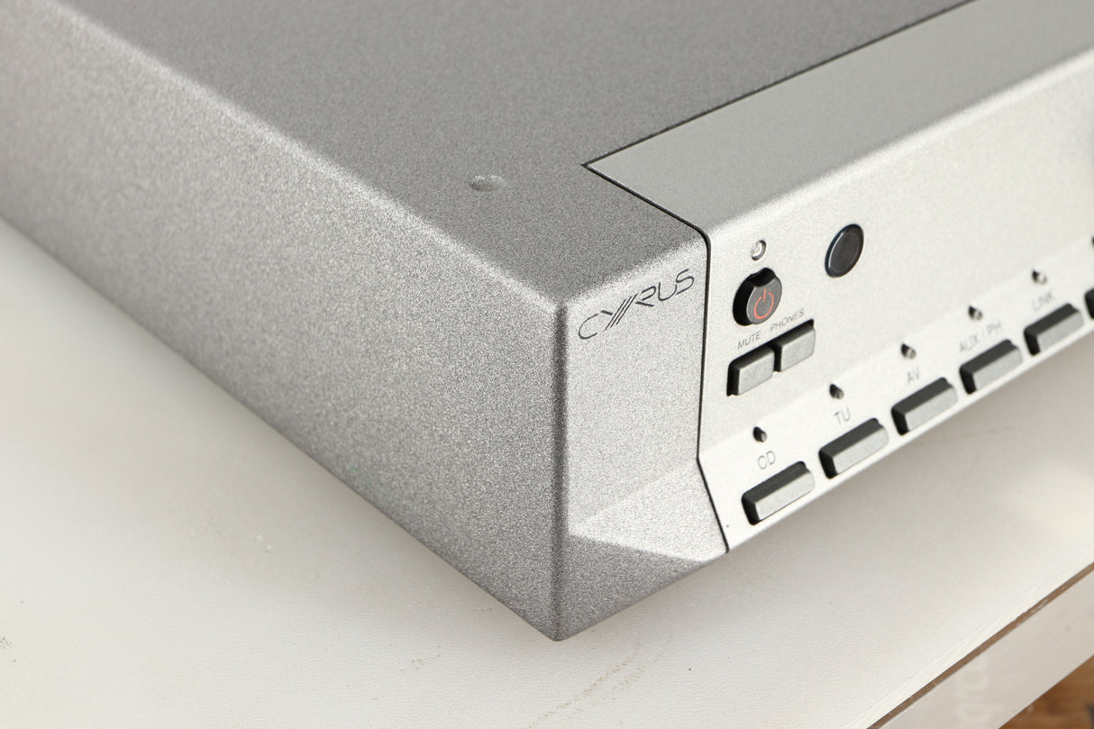 Front left corner of a used Cyrus PRE VS2 Pre Amplifier in a quartz silver finish