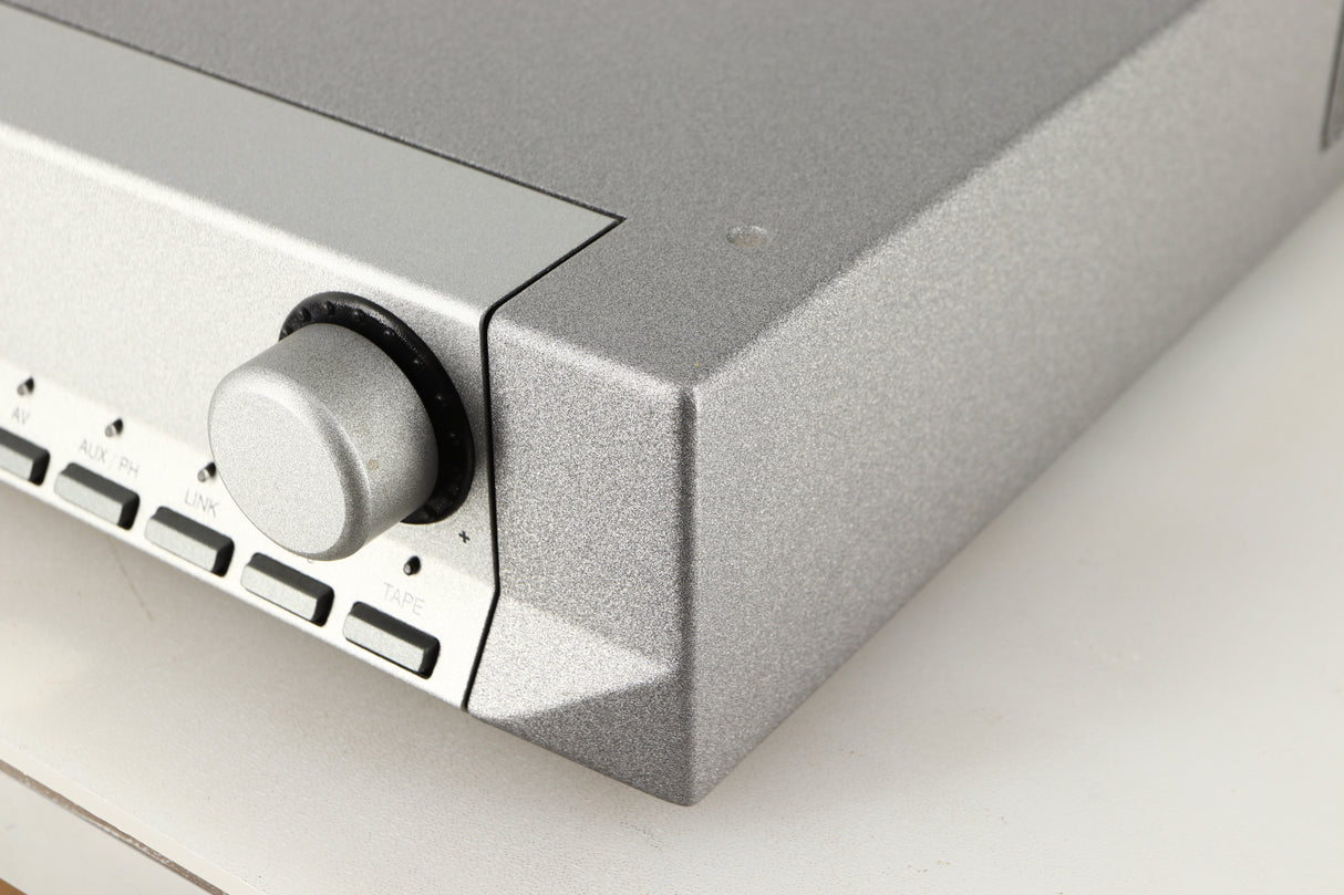 Front right corner of a used Cyrus PRE VS2 Pre Amplifier in a quartz silver finish