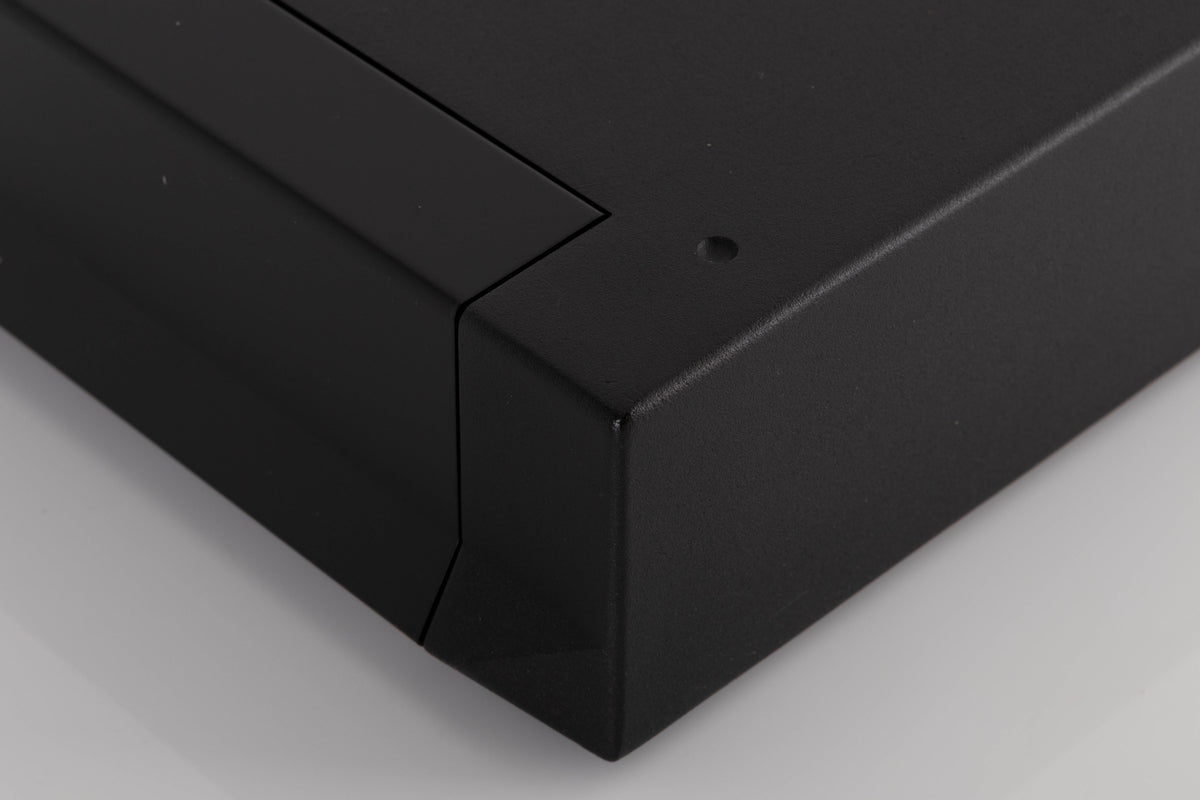 Front right corner of a used Cyrus PSX-R2 Power Supply in a Brushed Black finish